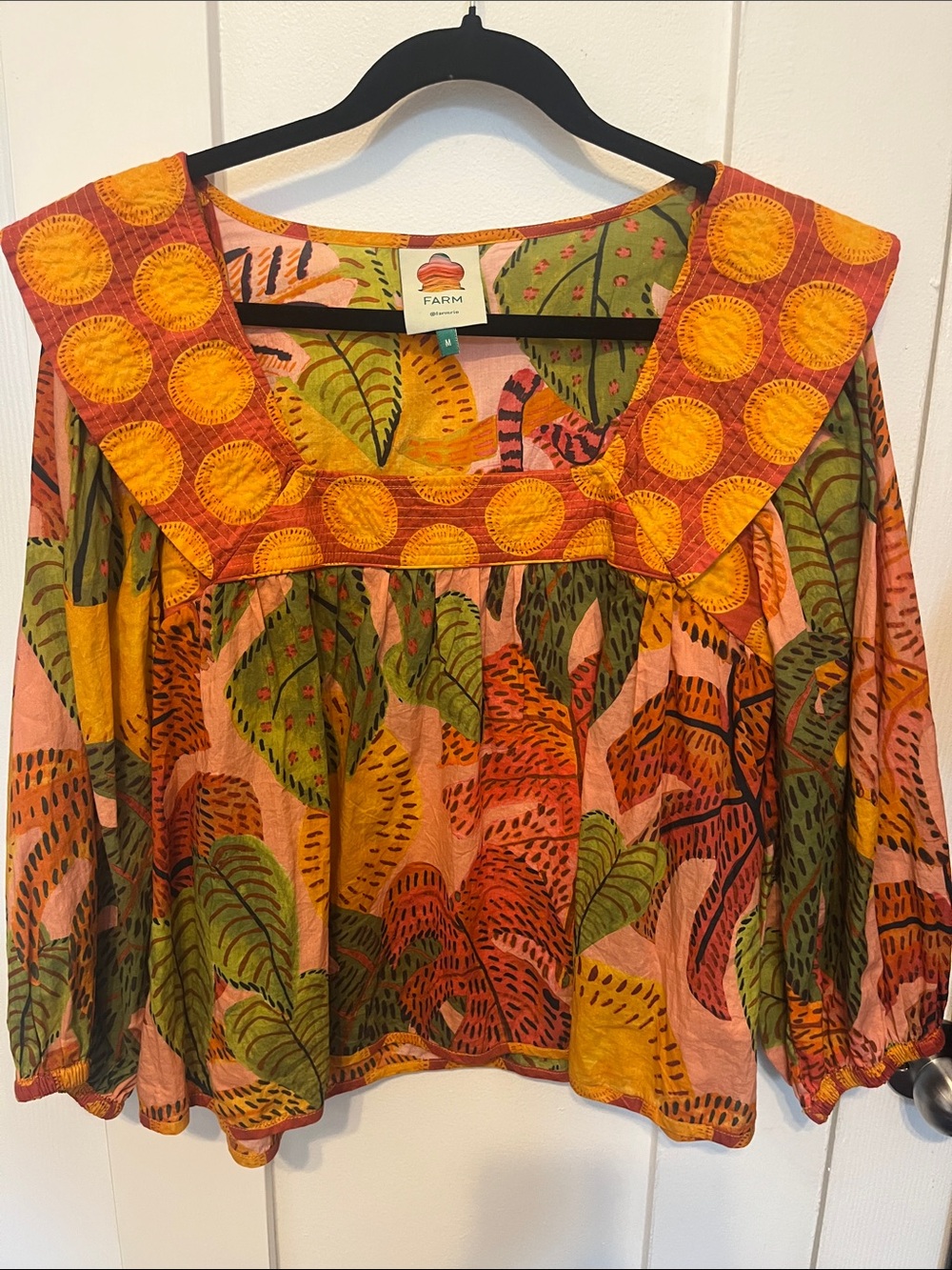 FARM Rio Botanical Print Peasant Top in Green and Orange